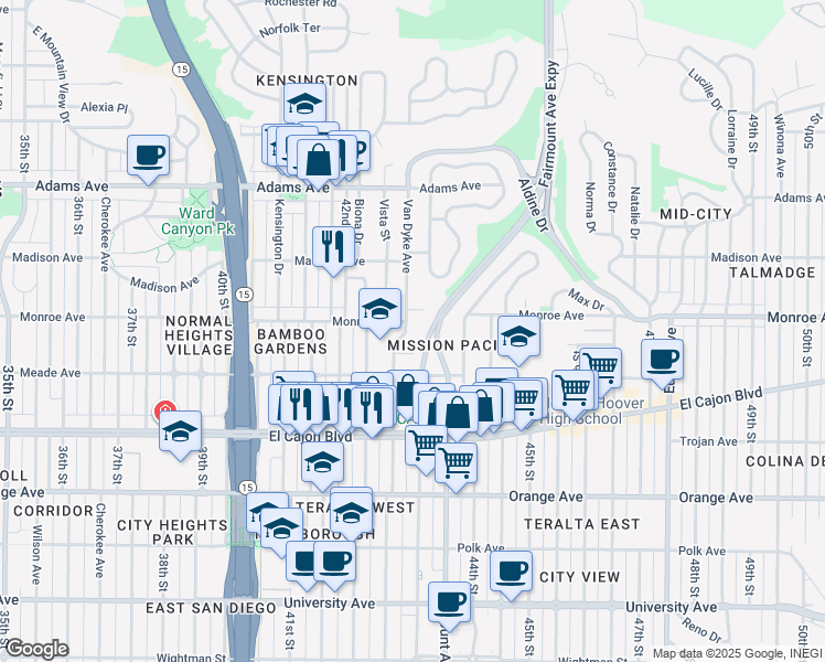 map of restaurants, bars, coffee shops, grocery stores, and more near 4489 Van Dyke Avenue in San Diego