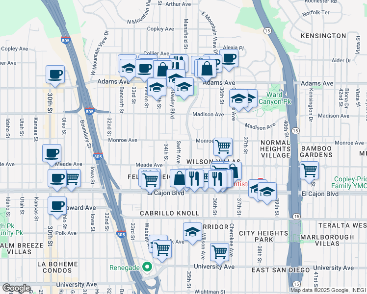 map of restaurants, bars, coffee shops, grocery stores, and more near 4473 Swift Avenue in San Diego