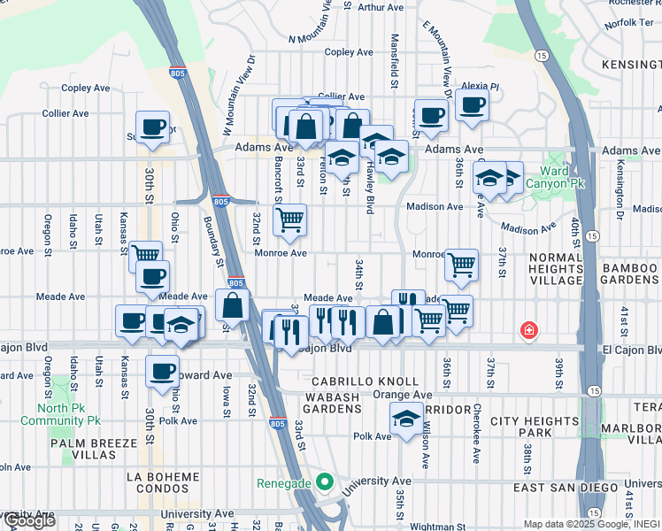 map of restaurants, bars, coffee shops, grocery stores, and more near 4466 Felton Street in San Diego
