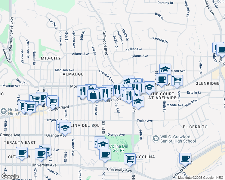 map of restaurants, bars, coffee shops, grocery stores, and more near 4463 Dawson Avenue in San Diego