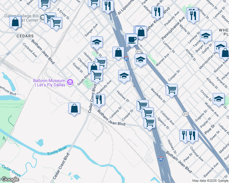 map of restaurants, bars, coffee shops, grocery stores, and more near 3203 Holmes Street in Dallas