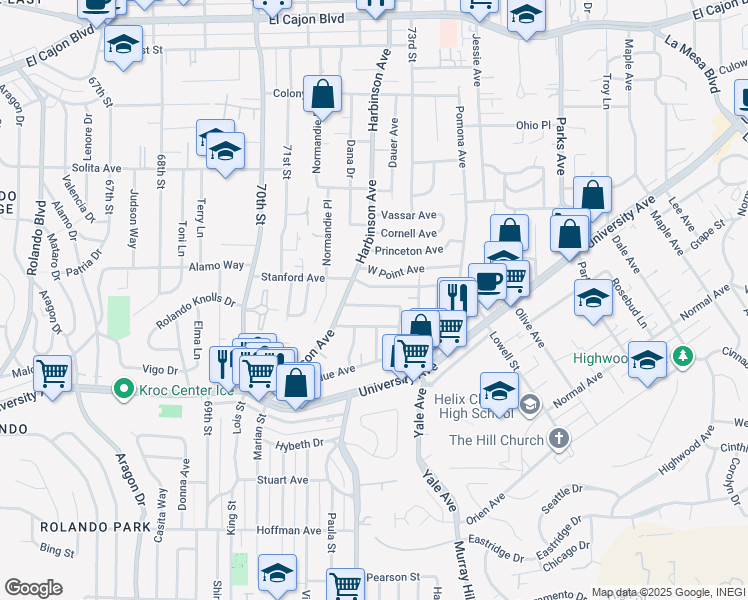 map of restaurants, bars, coffee shops, grocery stores, and more near 7236 Berkeley Drive in La Mesa