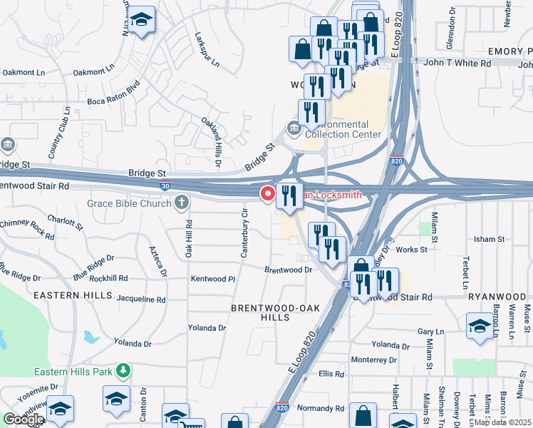 map of restaurants, bars, coffee shops, grocery stores, and more near 1412 Grantland Circle in Fort Worth