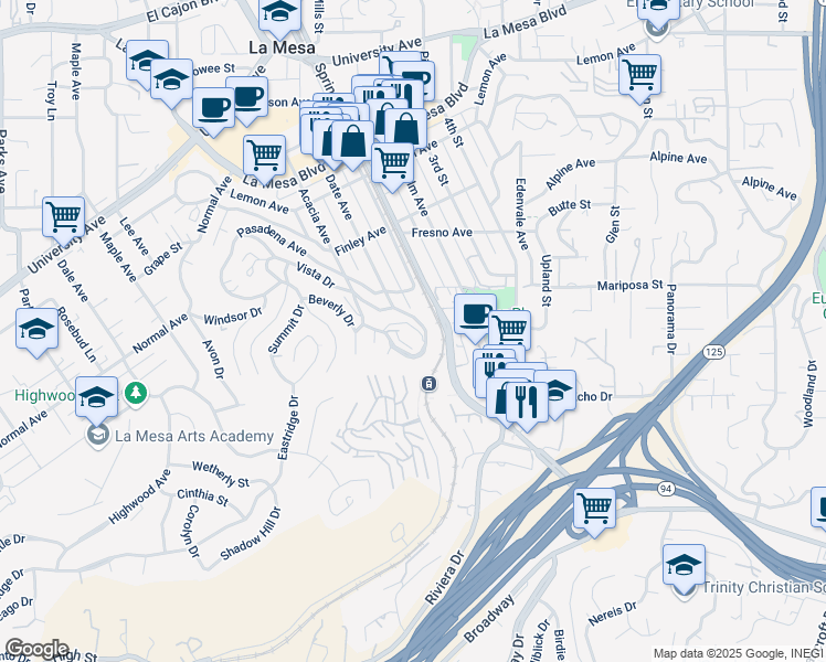 map of restaurants, bars, coffee shops, grocery stores, and more near 4430 Date Avenue in La Mesa