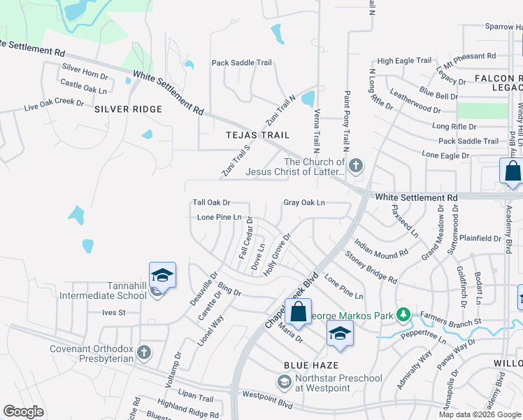 map of restaurants, bars, coffee shops, grocery stores, and more near 214 Lone Pine Court in Fort Worth