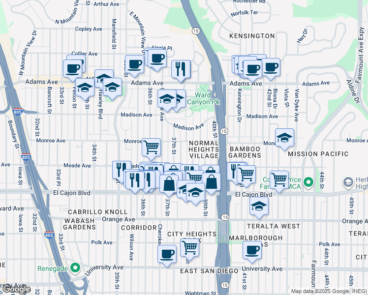 map of restaurants, bars, coffee shops, grocery stores, and more near 4467 McClintock Street in San Diego