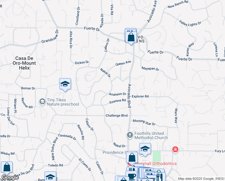 map of restaurants, bars, coffee shops, grocery stores, and more near 10716 Anaheim Drive in La Mesa
