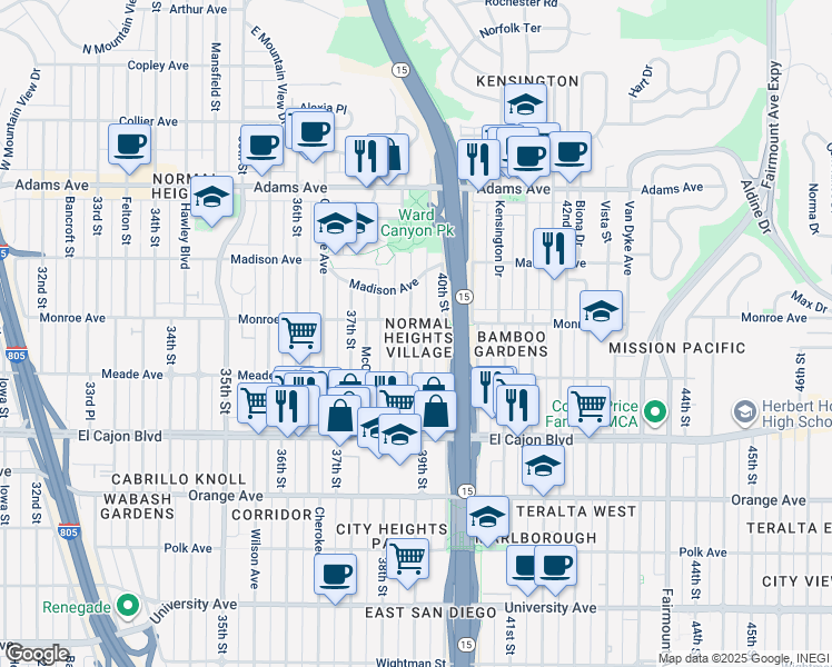 map of restaurants, bars, coffee shops, grocery stores, and more near 4476 39th Street in San Diego