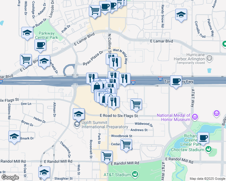 map of restaurants, bars, coffee shops, grocery stores, and more near 900 East Copeland Road in Arlington