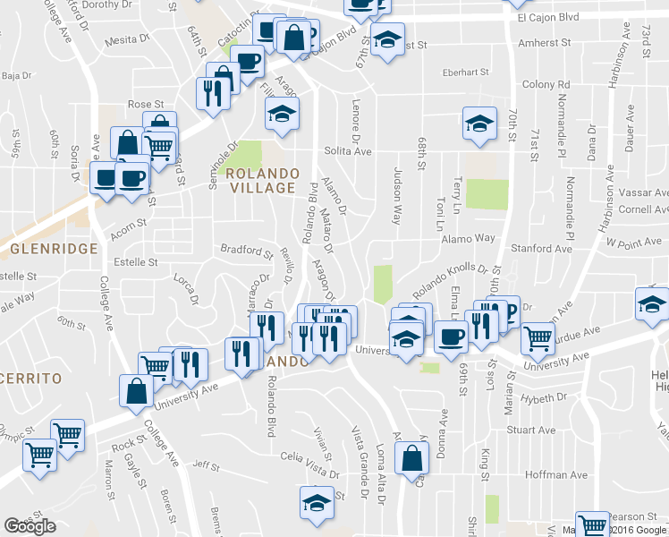 map of restaurants, bars, coffee shops, grocery stores, and more near 4458 Mataro Drive in San Diego