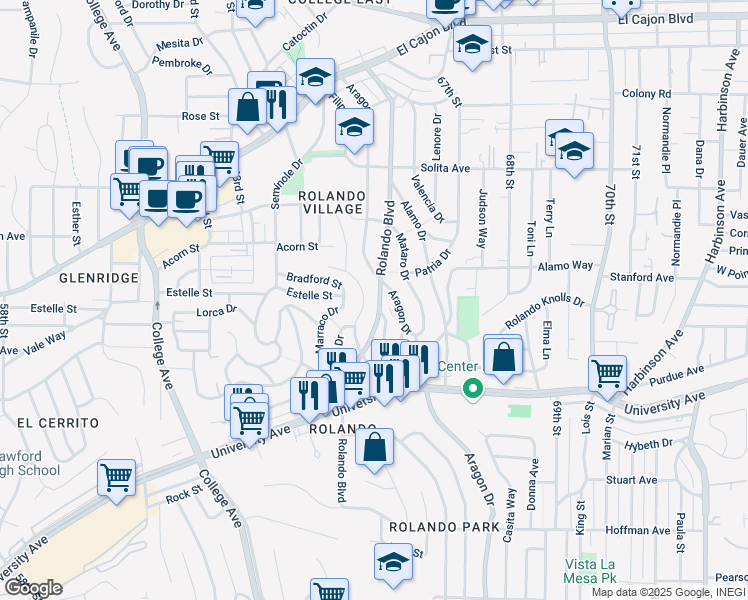 map of restaurants, bars, coffee shops, grocery stores, and more near 4468 Rolando Boulevard in San Diego