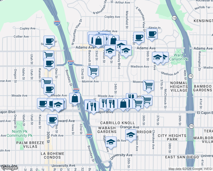 map of restaurants, bars, coffee shops, grocery stores, and more near 4466 Felton Street in San Diego
