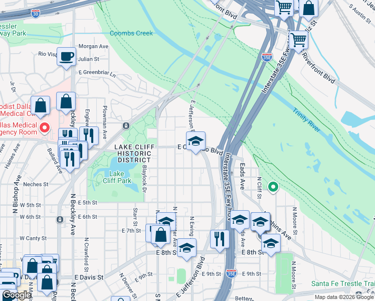 map of restaurants, bars, coffee shops, grocery stores, and more near 833 North Ewing Avenue in Dallas