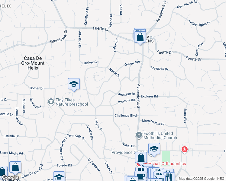 map of restaurants, bars, coffee shops, grocery stores, and more near 10654 Anaheim Drive in La Mesa