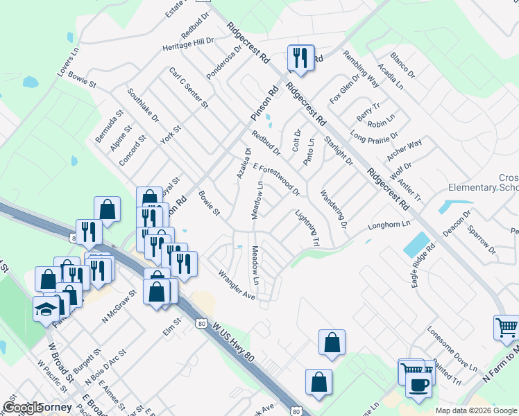 map of restaurants, bars, coffee shops, grocery stores, and more near 500 Willow Lane in Forney