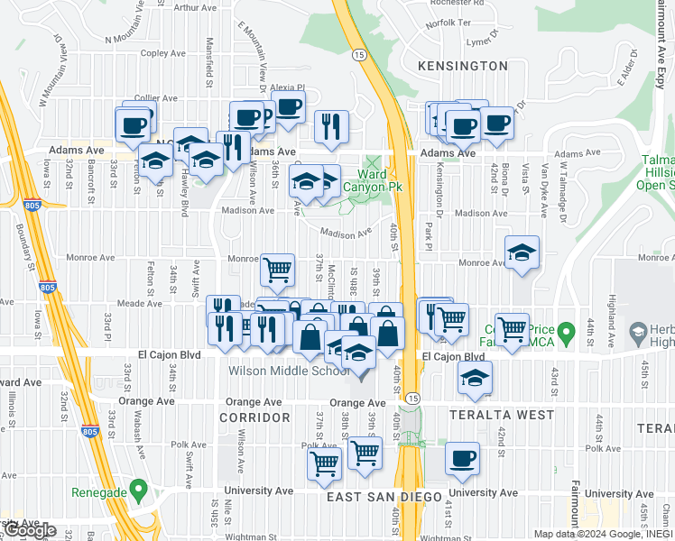 map of restaurants, bars, coffee shops, grocery stores, and more near 4471 McClintock Street in San Diego