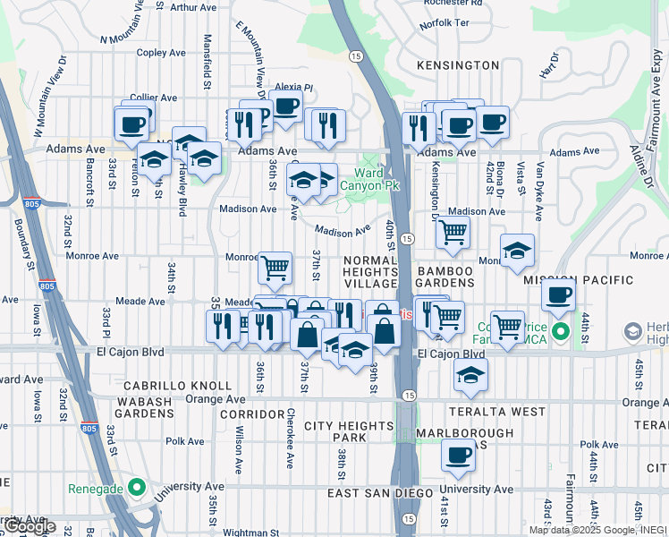 map of restaurants, bars, coffee shops, grocery stores, and more near 4467 McClintock Street in San Diego