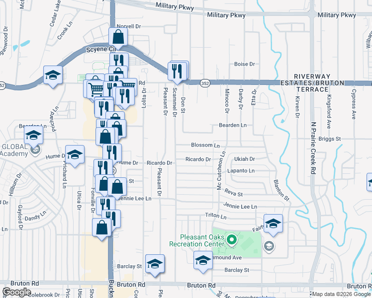 map of restaurants, bars, coffee shops, grocery stores, and more near 8318 Blossom Lane in Dallas