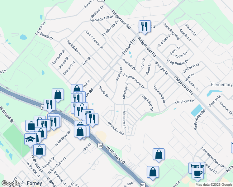 map of restaurants, bars, coffee shops, grocery stores, and more near 507 Azalea Dr in Forney