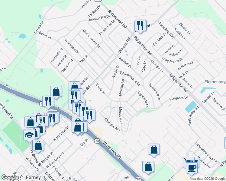 map of restaurants, bars, coffee shops, grocery stores, and more near 507 Azalea Drive in Forney