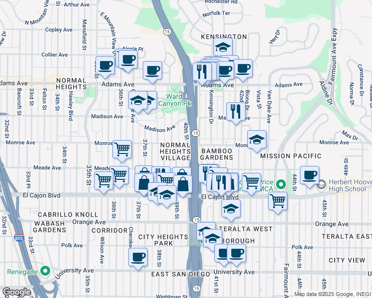 map of restaurants, bars, coffee shops, grocery stores, and more near 4478 40th Street in San Diego