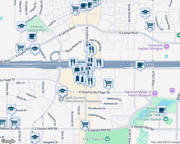 map of restaurants, bars, coffee shops, grocery stores, and more near 900 East Copeland Road in Arlington