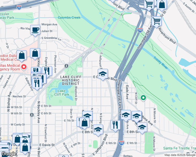 map of restaurants, bars, coffee shops, grocery stores, and more near 833 North Ewing Avenue in Dallas