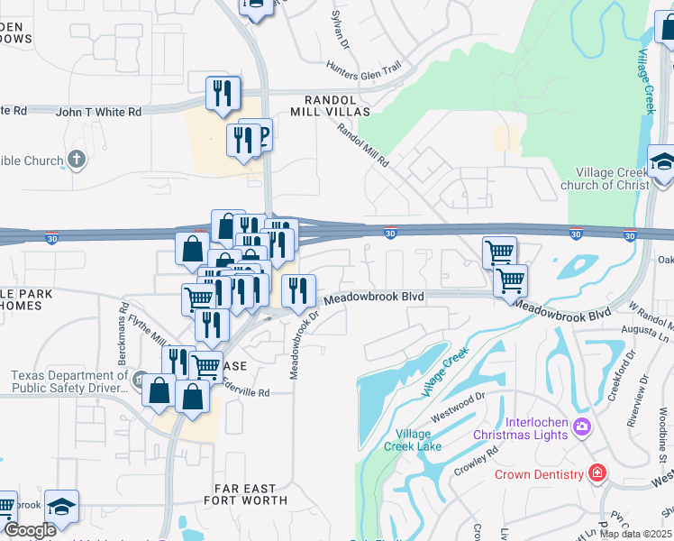 map of restaurants, bars, coffee shops, grocery stores, and more near 8628 Vanderbilt Drive in Fort Worth