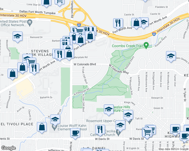 map of restaurants, bars, coffee shops, grocery stores, and more near 1925 Mayflower Drive in Dallas