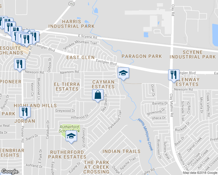 map of restaurants, bars, coffee shops, grocery stores, and more near 715 Black Coral Drive in Mesquite