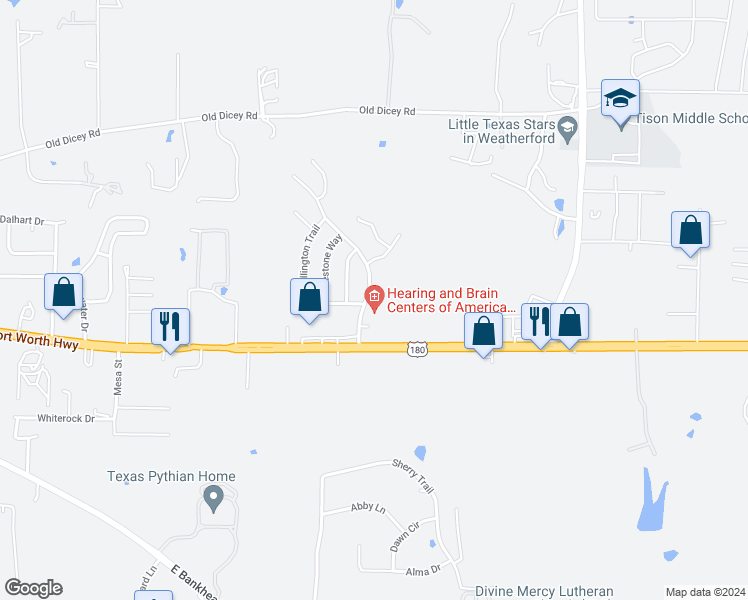 map of restaurants, bars, coffee shops, grocery stores, and more near 206 Willow Creek Drive in Weatherford