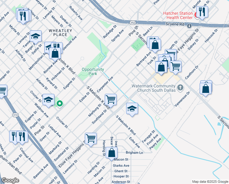 map of restaurants, bars, coffee shops, grocery stores, and more near 2911 Marburg Street in Dallas