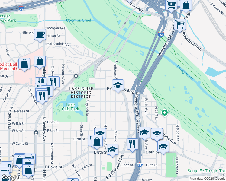 map of restaurants, bars, coffee shops, grocery stores, and more near 833 North Ewing Avenue in Dallas