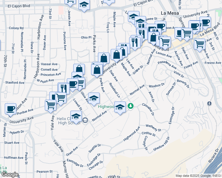 map of restaurants, bars, coffee shops, grocery stores, and more near 4406 Rosebud Lane in La Mesa