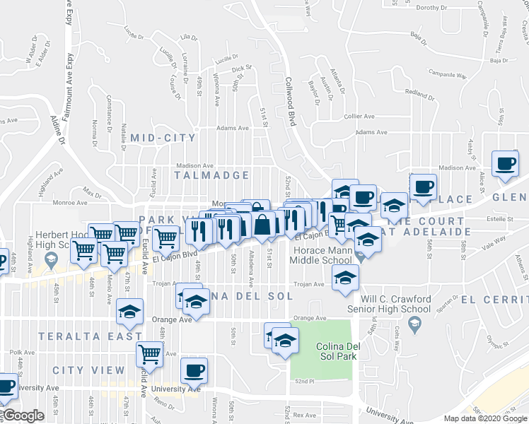 map of restaurants, bars, coffee shops, grocery stores, and more near 4469 Altadena Avenue in San Diego