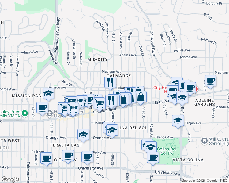 map of restaurants, bars, coffee shops, grocery stores, and more near 4493 49th Street in San Diego