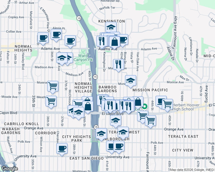 map of restaurants, bars, coffee shops, grocery stores, and more near 4476 Marlborough Avenue in San Diego