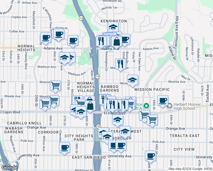 map of restaurants, bars, coffee shops, grocery stores, and more near 4471 Central Avenue in San Diego