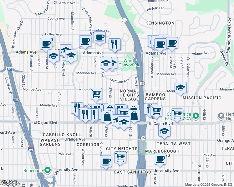 map of restaurants, bars, coffee shops, grocery stores, and more near 4481 McClintock Street in San Diego