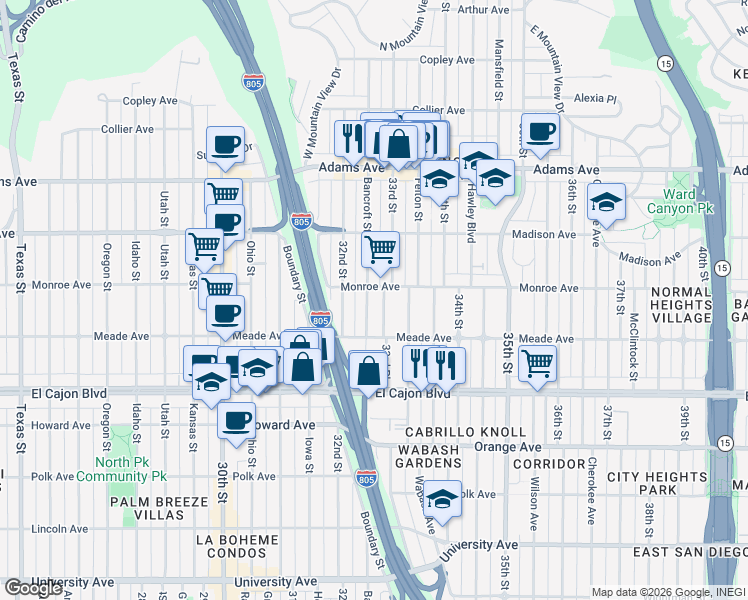 map of restaurants, bars, coffee shops, grocery stores, and more near 4465 33rd Place in San Diego