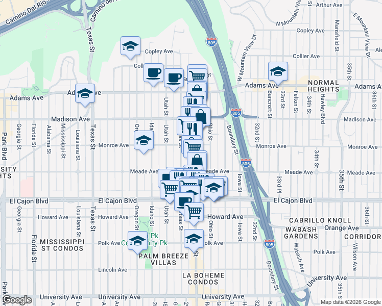 map of restaurants, bars, coffee shops, grocery stores, and more near 4464 30th Street in San Diego