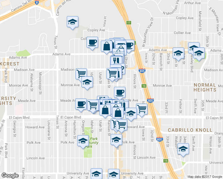 map of restaurants, bars, coffee shops, grocery stores, and more near 4464 30th Street in San Diego