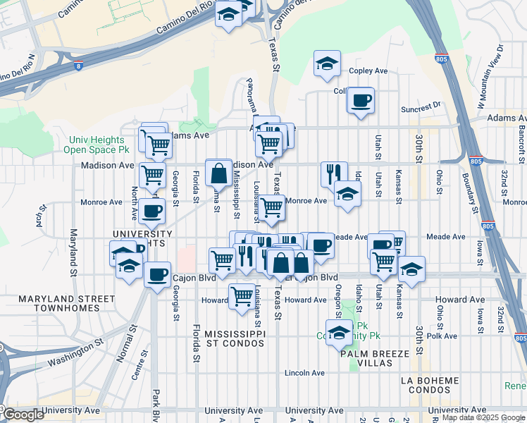 map of restaurants, bars, coffee shops, grocery stores, and more near 4470 Texas Street in San Diego