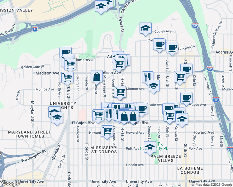 map of restaurants, bars, coffee shops, grocery stores, and more near 4470 Texas Street in San Diego