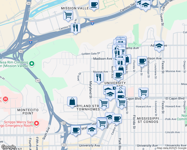 map of restaurants, bars, coffee shops, grocery stores, and more near 4472 Maryland Street in San Diego