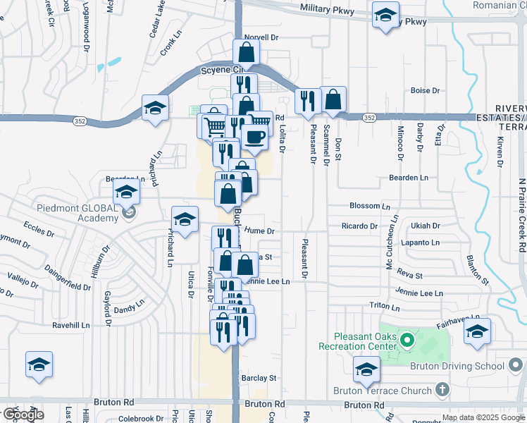 map of restaurants, bars, coffee shops, grocery stores, and more near 2722 South Buckner Boulevard in Dallas