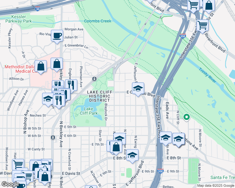map of restaurants, bars, coffee shops, grocery stores, and more near 831 North Lancaster Avenue in Dallas