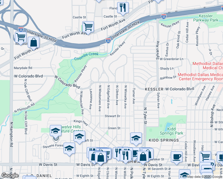 map of restaurants, bars, coffee shops, grocery stores, and more near 1131 North Edgefield Avenue in Dallas