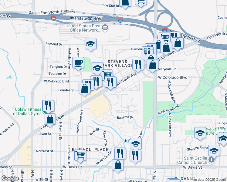 map of restaurants, bars, coffee shops, grocery stores, and more near 2500 Fort Worth Avenue in Dallas