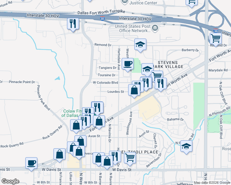 map of restaurants, bars, coffee shops, grocery stores, and more near 2926 Lourdes Street in Dallas